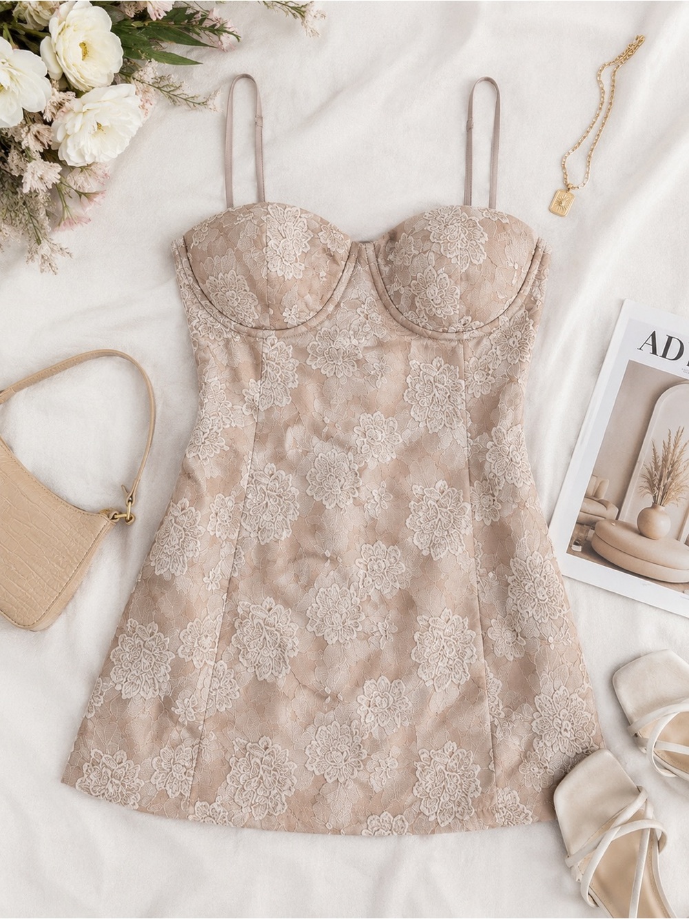 Windsor Gorgeous Charm Floral Jacquard Mini Dress | Taupe | L | NWT - Picture 2 of 12